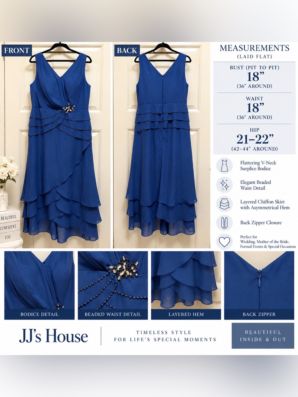 JJ's House Royal Blue Chiffon Beaded Formal Dress 10-12